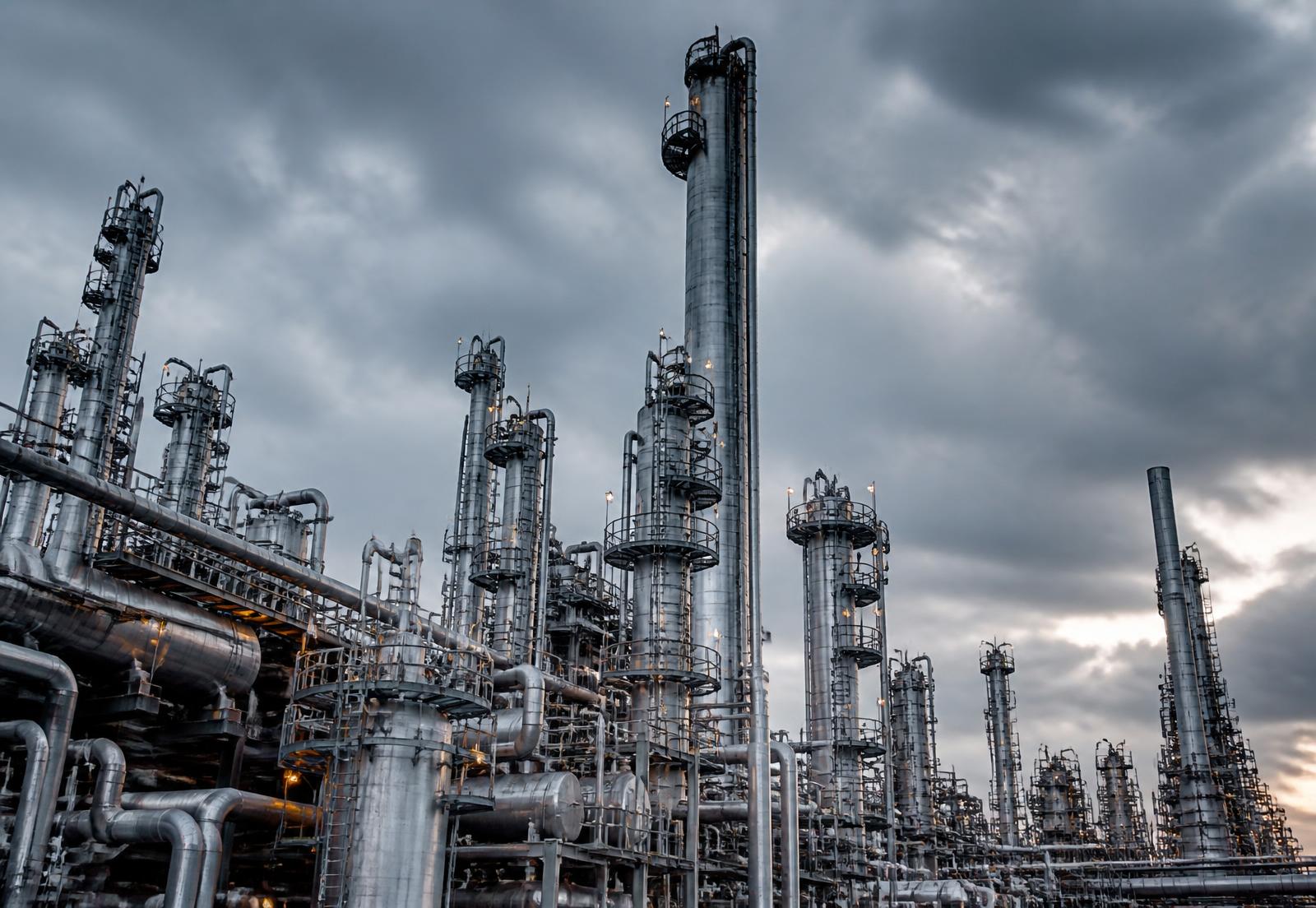 Planta petroquímica com colunas de destilação e tubulações industriais